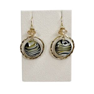 Light Gold Tone Striped Dichroic Round Glass Dangle Earrings